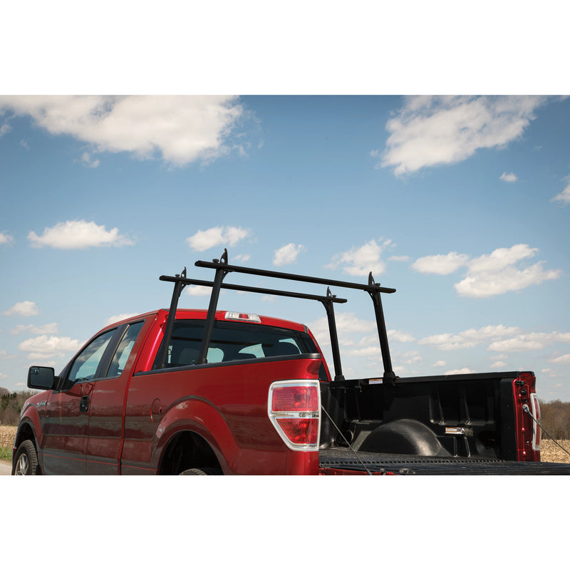 DEFENDER aluminum truck rack on a red Ford F-150 with the crossbars moved closer together