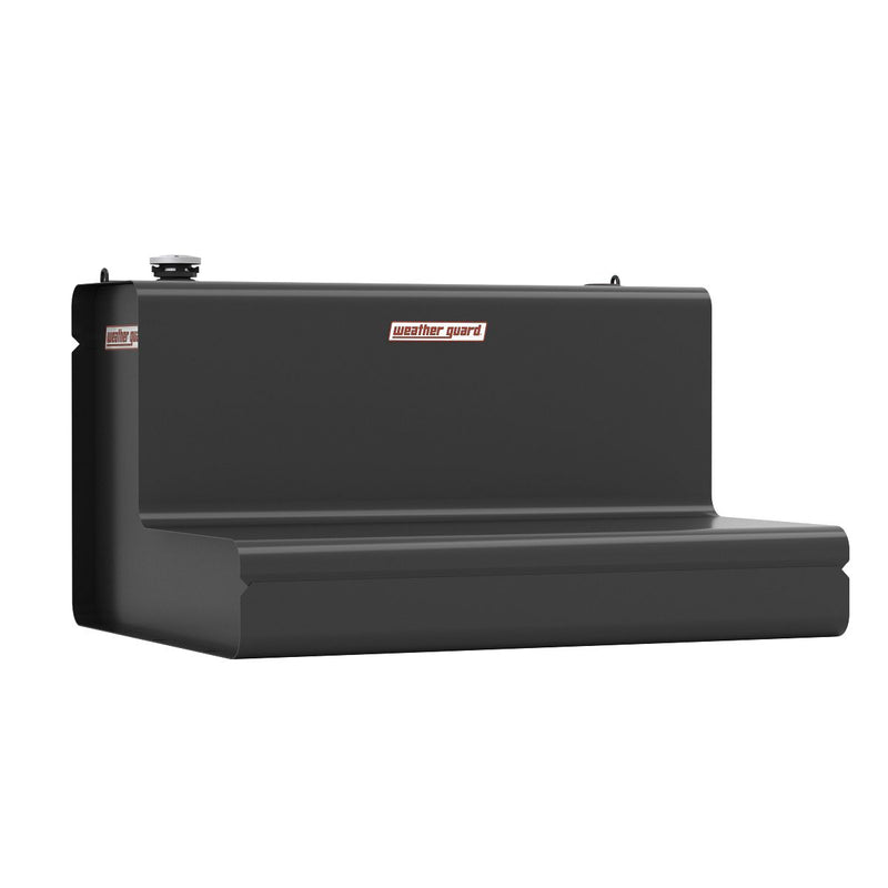 Weather Guard matte black steel L-shaped transfer tank, rear three-quarter view