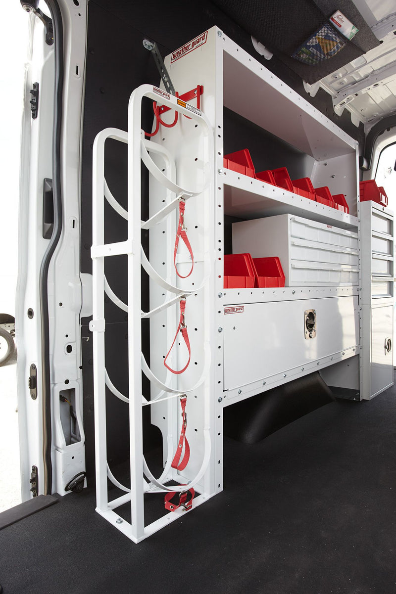 Weather Guard refrigerant tank rack installed on a van wall