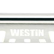 Close-up detail of the polished stainless steel skid plate on the Westin E-Series bull bar showing the laser cut Westin lettering and vent slots