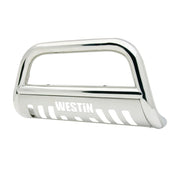 Studio angle view of the Westin E-Series 3 inch bull bar in polished stainless steel with the cut-out Westin skid plate, shown alone on a white background