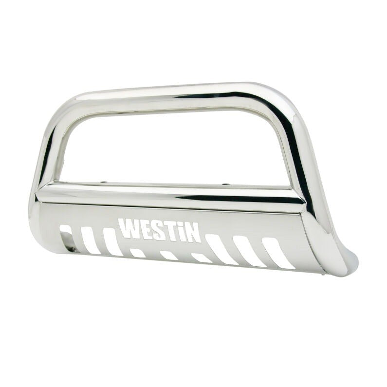Studio angle view of the Westin E-Series 3 inch bull bar in polished stainless steel with the cut-out Westin skid plate, shown alone on a white background