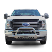 Westin E-Series 3 inch bull bar in polished stainless steel with a skid plate mounted on the front bumper of a white Ford Super Duty pickup truck against a white background