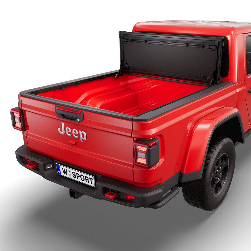 Worksport NEXUS hard folding tonneau cover on a pickup: 3D studio render of a red Jeep Gladiator from the rear quarter with a black NEXUS hard folding tonneau cover folded stack flipped up vertical against the cab, full bed open