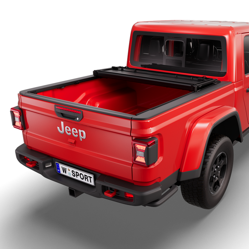 Worksport NEXUS hard folding tonneau cover on a pickup: 3D studio render of a red Jeep Gladiator from the rear quarter with a black NEXUS hard folding tonneau cover folded twice into a stack at the cab end, most of the bed open