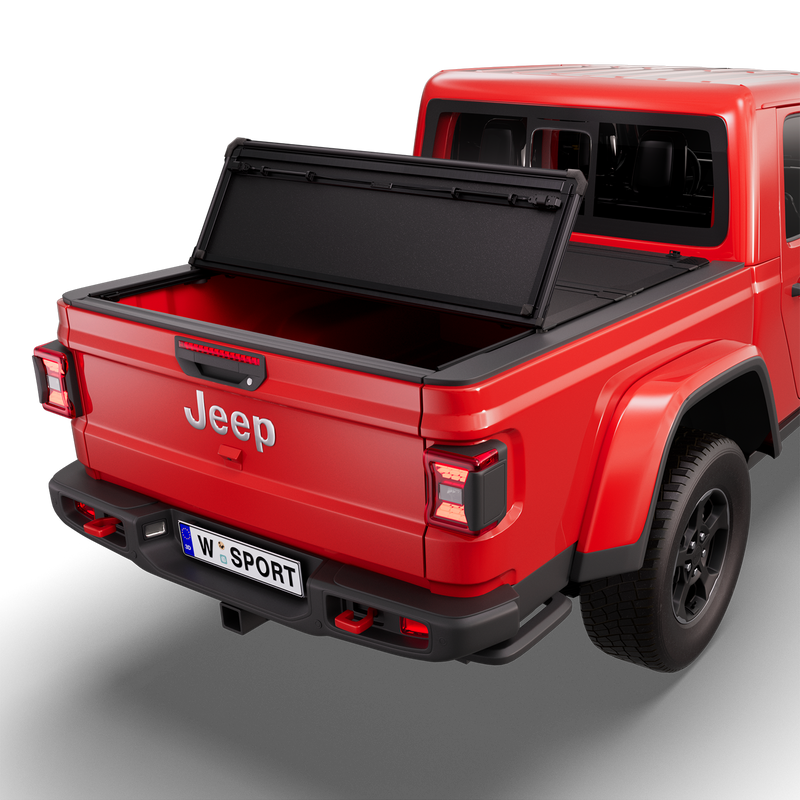 Worksport NEXUS hard folding tonneau cover on a pickup: 3D studio render of a red Jeep Gladiator from the rear quarter with a black NEXUS hard folding tonneau cover rear panel folded forward, one fold, rear of the bed open