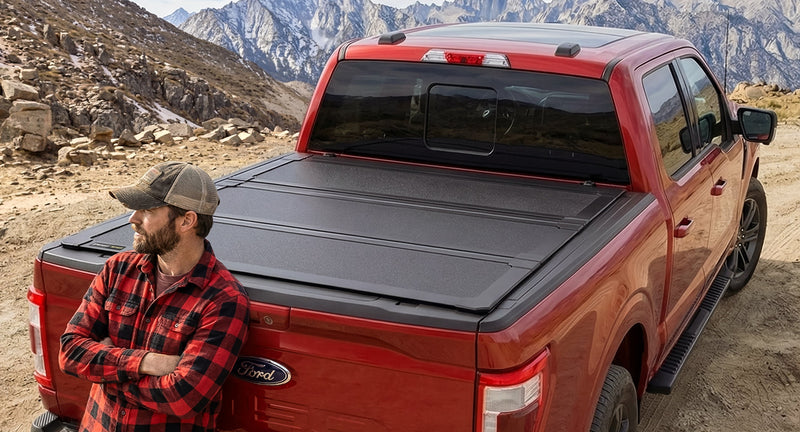 Worksport NEXUS hard folding tonneau cover on a pickup: a man in a red plaid shirt and cap leans on the tailgate of a red Ford F-150 with a closed black hard trifold cover, mountains behind