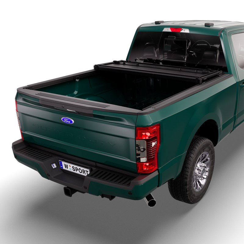 Worksport NEXUS hard folding tonneau cover shown on a 2017-22 Ford F-250/F-350 Super Duty, a newer generation than the trucks this listing fits: studio render with the cover folded twice into a stack at the cab end