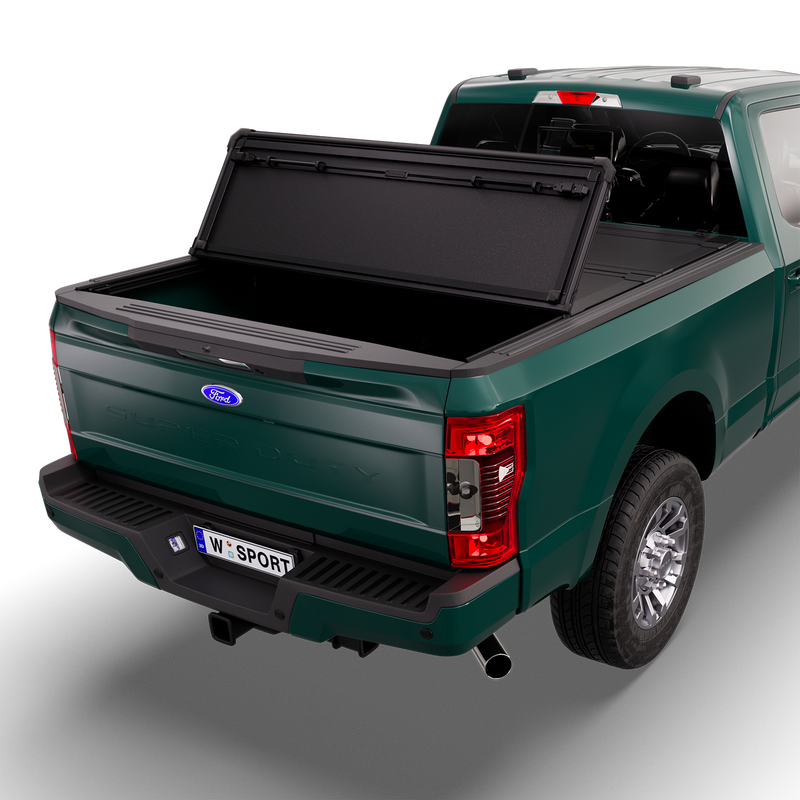 Worksport NEXUS hard folding tonneau cover shown on a 2017-22 Ford F-250/F-350 Super Duty, a newer generation than the trucks this listing fits: studio render with the cover folded once, rear of the bed open