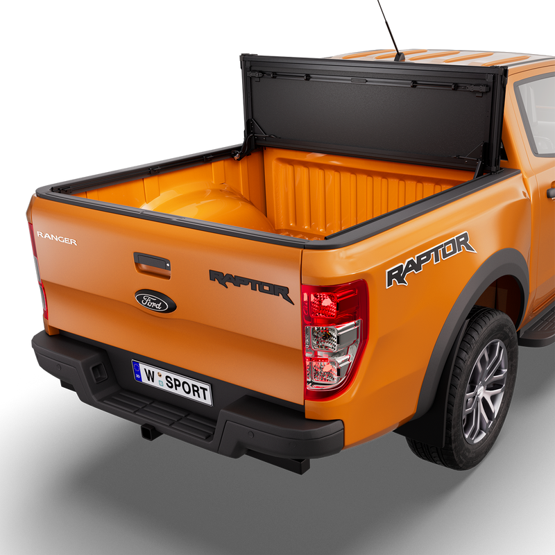 Worksport NEXUS hard folding tonneau cover shown on a 2019-23 Ford Ranger, an older generation than the trucks this listing fits: studio render with the cover folded and flipped up against the cab, full bed open
