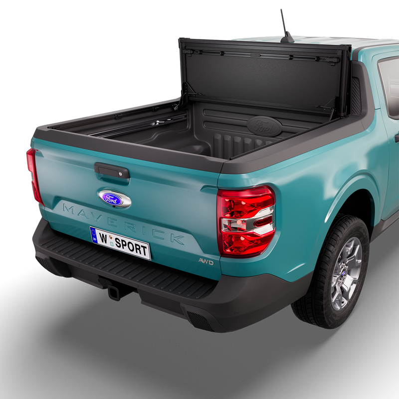 Worksport NEXUS hard folding tonneau cover on a pickup: 3D studio render of a teal Ford Maverick from the rear quarter with a black NEXUS hard folding tonneau cover folded stack flipped up vertical against the cab, full bed open