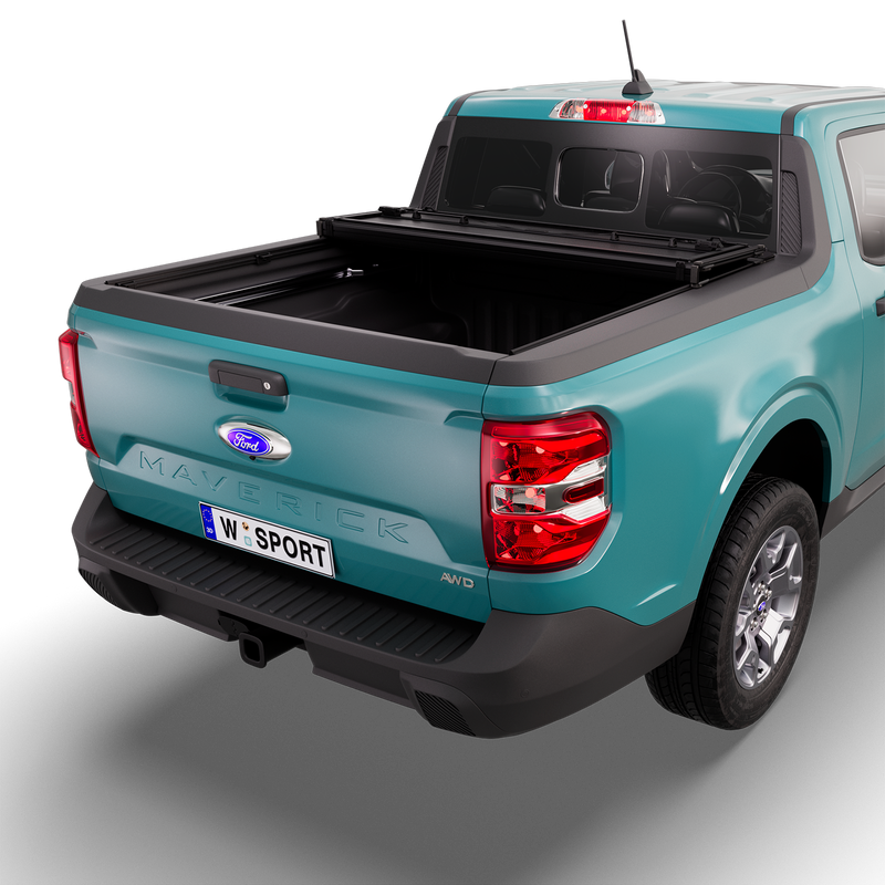 Worksport NEXUS hard folding tonneau cover on a pickup: 3D studio render of a teal Ford Maverick from the rear quarter with a black NEXUS hard folding tonneau cover folded twice into a stack at the cab end, most of the bed open