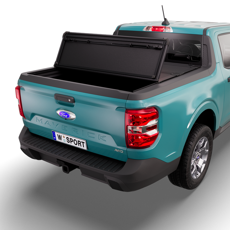 Worksport NEXUS hard folding tonneau cover on a pickup: 3D studio render of a teal Ford Maverick from the rear quarter with a black NEXUS hard folding tonneau cover rear panel folded forward, one fold, rear of the bed open
