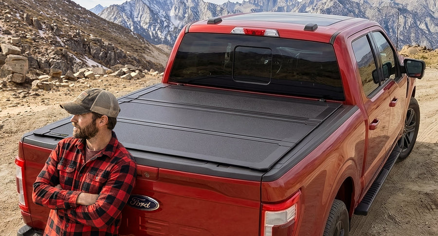 Worksport NEXUS hard folding tonneau cover closed flat over the bed, gear loaded in the bed